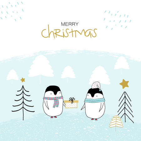 Hand drawn illustration of sweet Christmas penguinsのイラスト素材