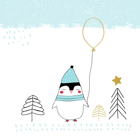 Hand drawn illustration of sweet Christmas penguinのイラスト素材