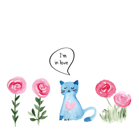 Colorful watercolor illustration with sweet cat and flowers perfect for valentine's dayのイラスト素材