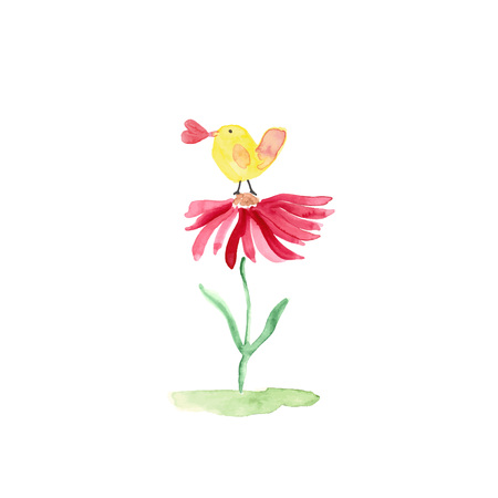 Colorful watercolor illustration with sweet bird and flower perfect for valentine's dayのイラスト素材