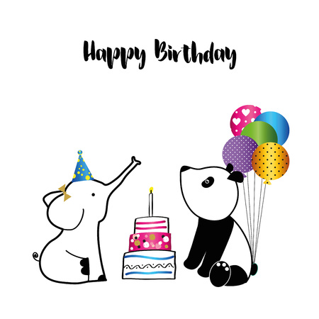 Colorful birthday card with sweet animals and confettiのイラスト素材