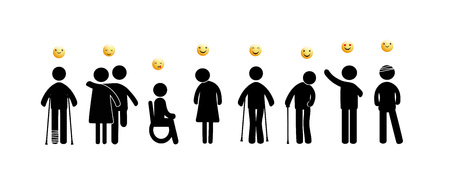 Abstract pictograms showing figures mentally and physically disabled with good and happy emoticonsのイラスト素材