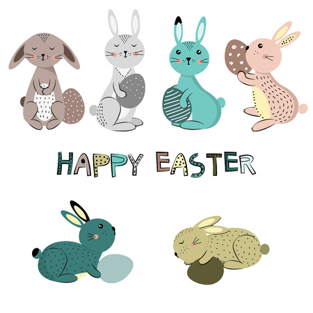 Colorful and cute rabbits in the Easter mood with eggs. Vector illustartionのイラスト素材