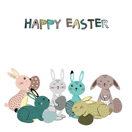 Colorful and cute rabbits in the Easter mood with eggs. Vector illustartionのイラスト素材