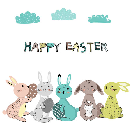 Colorful and cute rabbits in the Easter mood with eggs. Vector illustartionのイラスト素材