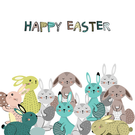 Colorful and cute rabbits in the Easter mood with eggs. Vector illustartionのイラスト素材