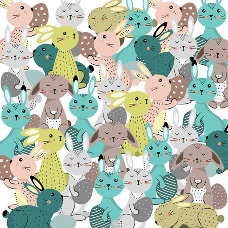 Colorful and cute rabbits in the Easter mood with eggs. Vector illustartionのイラスト素材