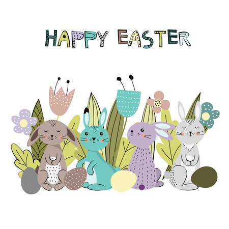 Colorful and cute rabbits in the Easter mood with eggs. Vector illustartionのイラスト素材