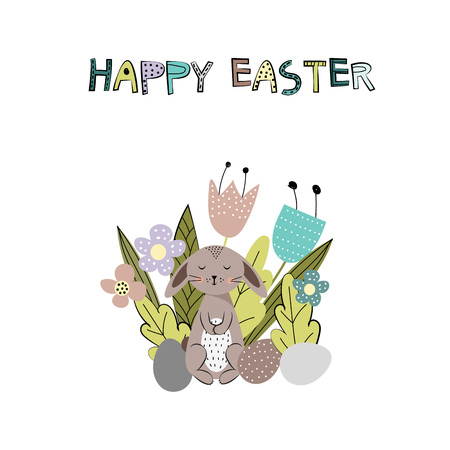 Colorful and cute rabbits in the Easter mood with eggs. Vector illustartionのイラスト素材