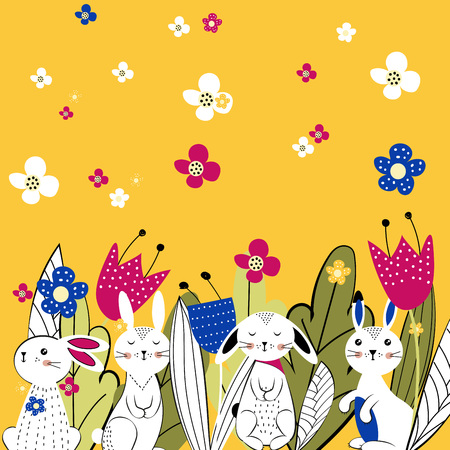 Pattern. Colorful and cute rabbits beween spring or summer flowers. Vector illustartionのイラスト素材