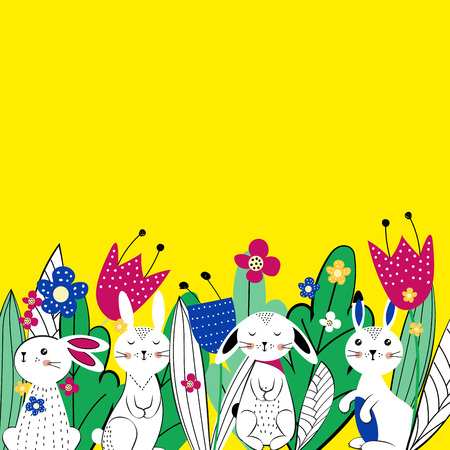 Pattern. Colorful and cute rabbits beween spring or summer flowers. Vector illustartionのイラスト素材