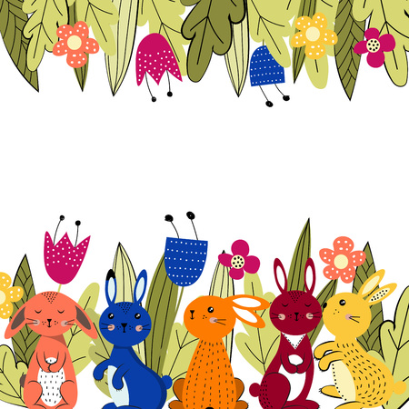 Pattern. Colorful and cute rabbits beween spring or summer flowers. Vector illustartionのイラスト素材