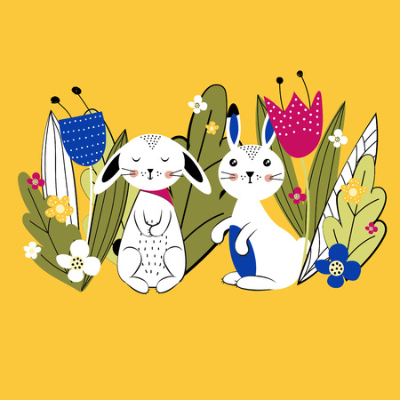 Pattern. Colorful and cute rabbits beween spring or summer flowers. Vector illustartionのイラスト素材