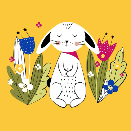 Pattern. Colorful and cute rabbits beween spring or summer flowers. Vector illustartionのイラスト素材