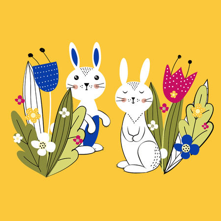 Pattern. Colorful and cute rabbits beween spring or summer flowers. Vector illustartionのイラスト素材