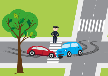 The illustration shows a car accident on the road.のイラスト素材