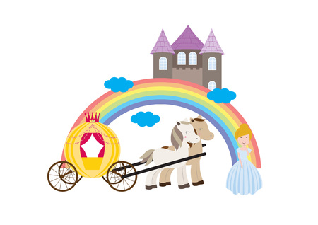 A children's style illustration showing the enchanted fairy tale world, princess, castle and carriage.のイラスト素材