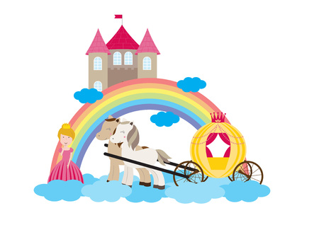 A children's style illustration showing the enchanted fairy tale world, princess, castle and carriage.のイラスト素材