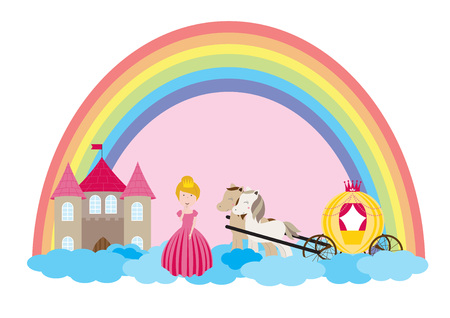 A children's style illustration showing the enchanted fairy tale world, princess, castle and carriage.のイラスト素材