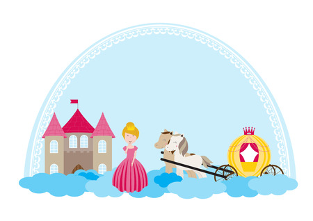 A children's style illustration showing the enchanted fairy tale world, princess, castle and carriage.のイラスト素材