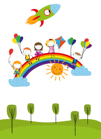 Childrens day, colorful rainbow and happy boys and girls.のイラスト素材