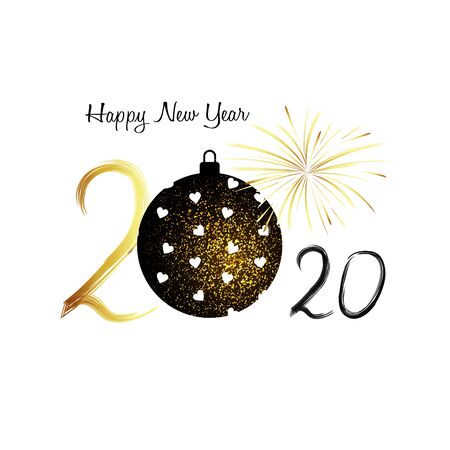 Happy New Year 2020. Black numbers and gold fireworks on white background. Handwritten letters.のイラスト素材