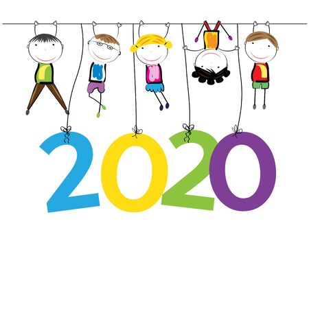 Colorful card for New Year 2020 with happy kids, vector illustartion.のイラスト素材
