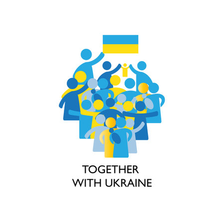 Together with Ukraine. A simple illustration with people in the form of icons, symbols showing solidarity with Ukraine and victory over the occupant. No war.のイラスト素材