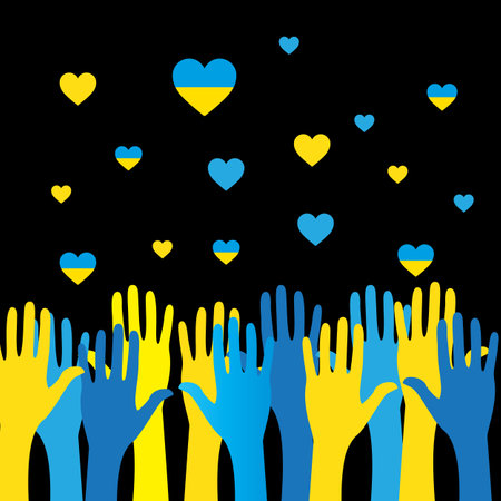Together with Ukraine. A simple illustration with people in the form of icons, symbols showing solidarity with Ukraine and victory over the occupant. No war.のイラスト素材