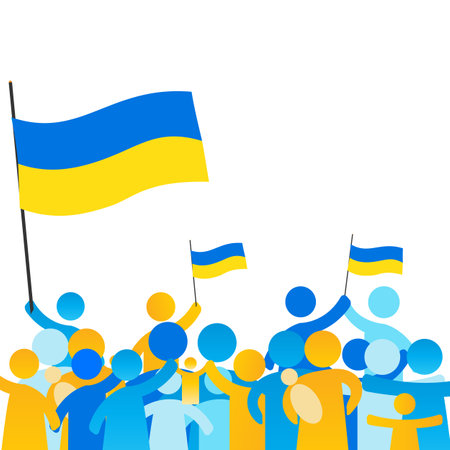 Together with Ukraine. A simple illustration with people in the form of icons, symbols showing solidarity with Ukraine and victory over the occupant. No war.のイラスト素材