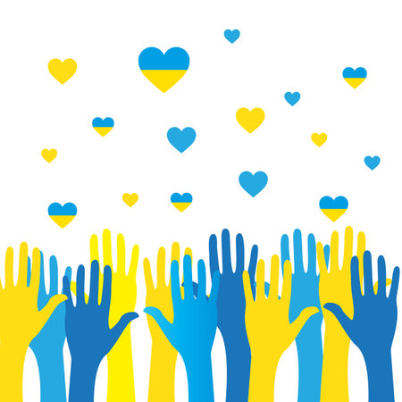 Together with Ukraine. A simple illustration with people in the form of icons, symbols showing solidarity with Ukraine and victory over the occupant. No war.のイラスト素材
