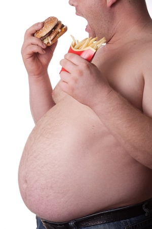 Fatman with sandwich and chips on white backgroundの写真素材