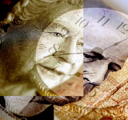 Canadian Business And Investment - a composite of Canadian currency and a clock.の写真素材