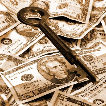 Skeleton Key and US Currency - Sepia Color tones. Square Image.の写真素材