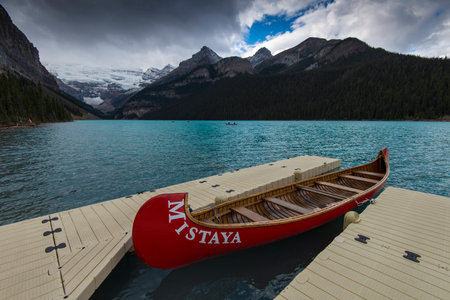Several rental canoes on the last day of the season at Lake Louise, Banff National Park, Alberta, Canada.のeditorial素材