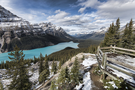 Picturesque Peyto Lake, in Banff National Park. Peyto Lake (pea-toe) is a glacier-fed lake located in Banff National Park in the Canadian Rockies. The lake itself is easily accessed from the Icefields Parkway.の写真素材