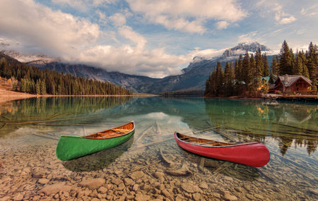 Canoes on Emerald Lakeの写真素材