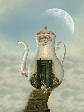 teapot house in the sky with moss stairwayの写真素材