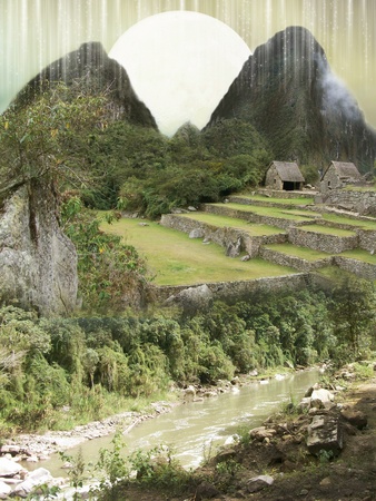 Primitive fantasy landscape with mountain houses and rockの写真素材