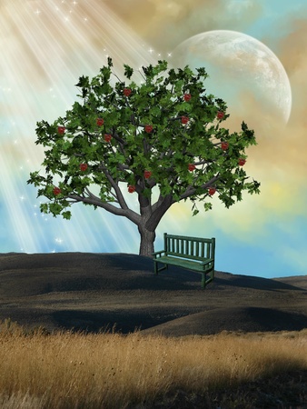 Fantasy Landscape with tree and wood armchairの写真素材