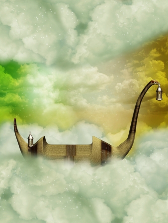 fantasy boat in the sky with lampsの写真素材