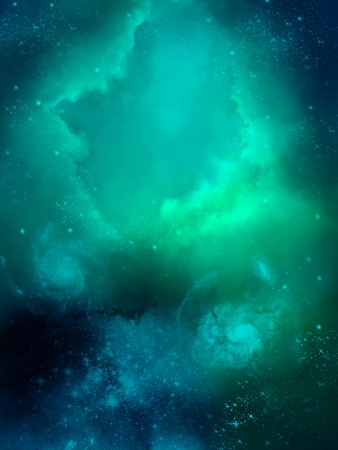 green fog space starfield  nebula and planetの写真素材