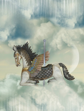 Carrousel wooden horse in the sky with big moonの写真素材