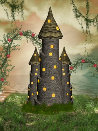 fantasy castle near the sea with flowersの写真素材