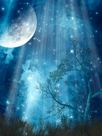 fantasy landscape with big moon in the forestの写真素材