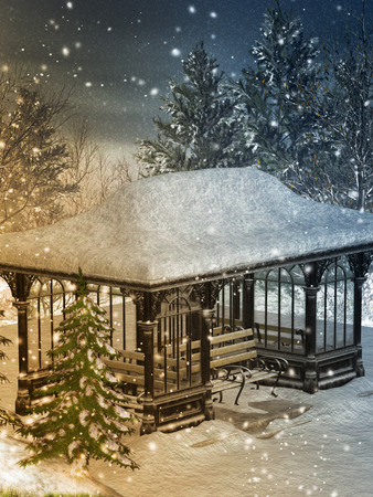 Fantasy  Landscape with shelter in a snow stormの写真素材