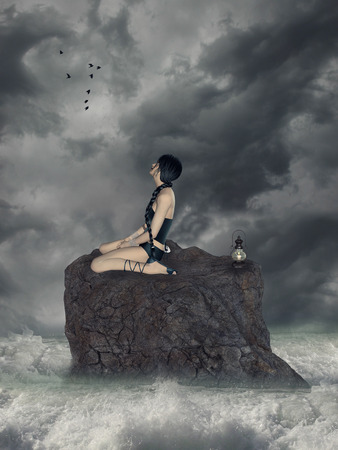 fairytale on a  rock in the oceanの写真素材