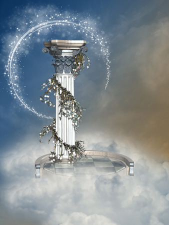 Fantasy landscape with big column in the skyの写真素材