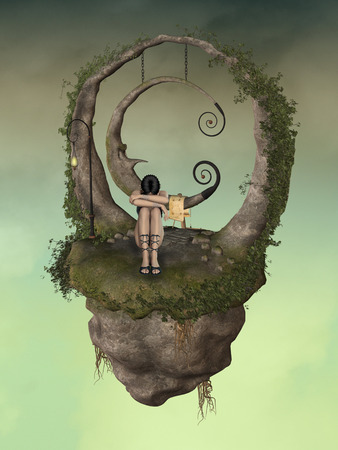 floating island with fairy and big moonの写真素材