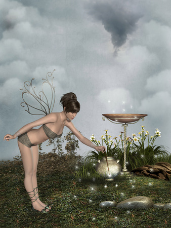 fairytale in the garden with dragonfly and flowersの写真素材